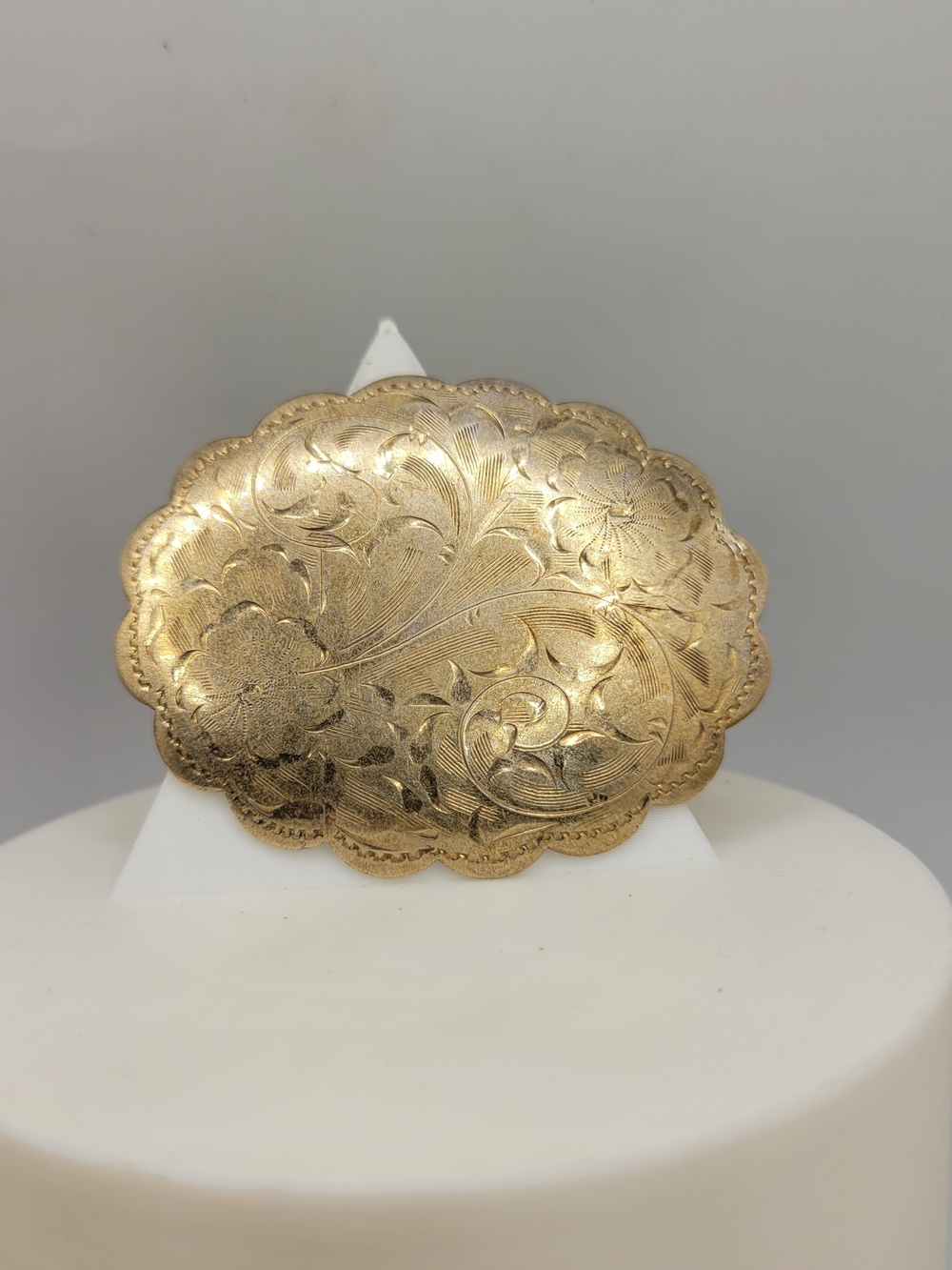 Vintage MCM Gold-Tone Sterling Floral Engraved Oval Brooch